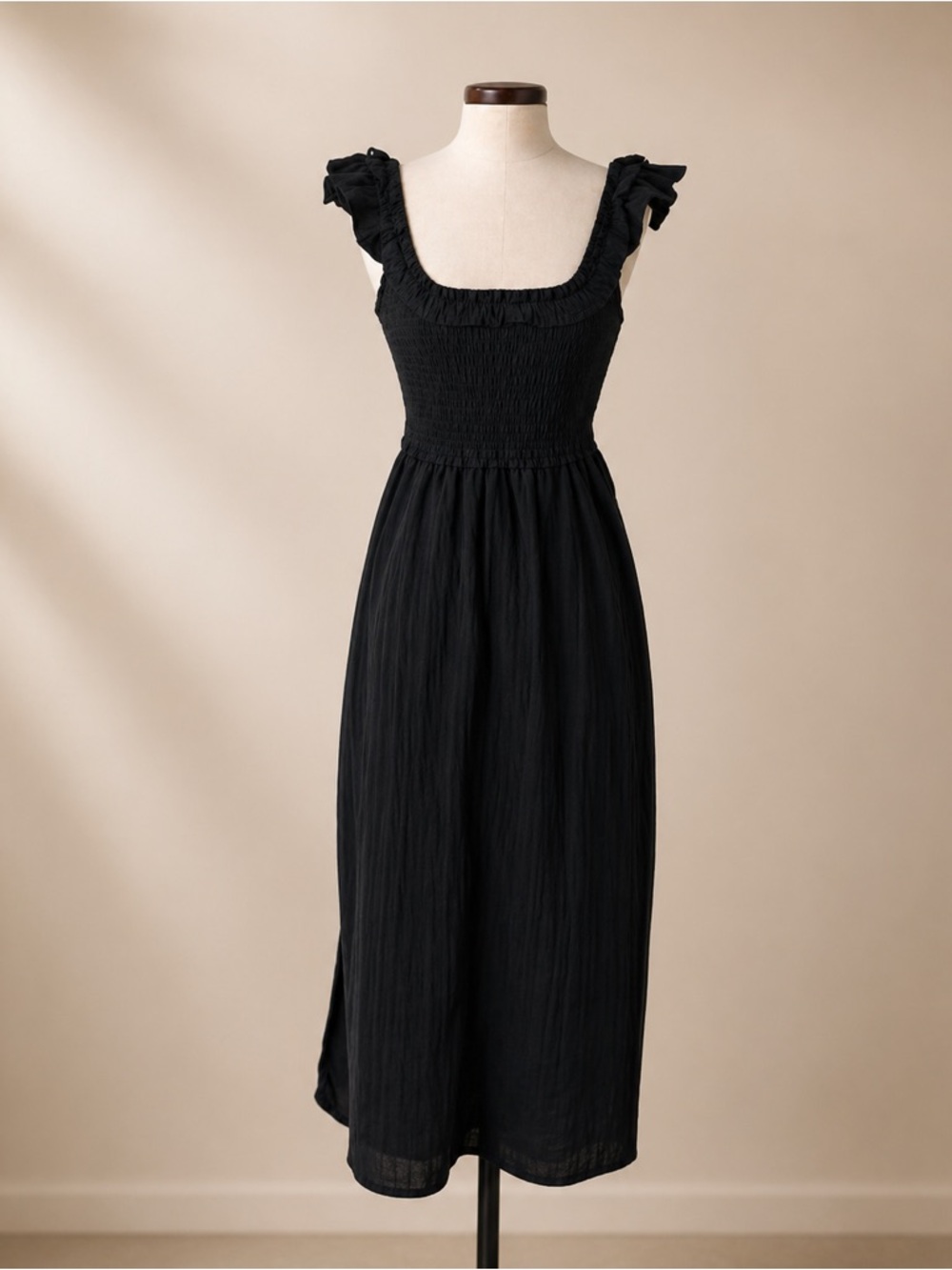 American Eagle Black Smocked Midi Dress with Flutter Sleeves / Solid Black - Picture 2 of 4